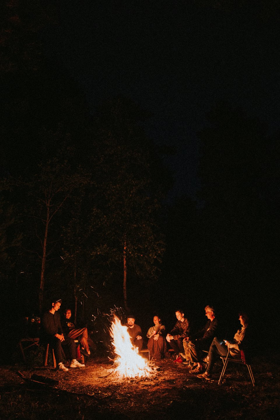 People gathered around a campfire at night.