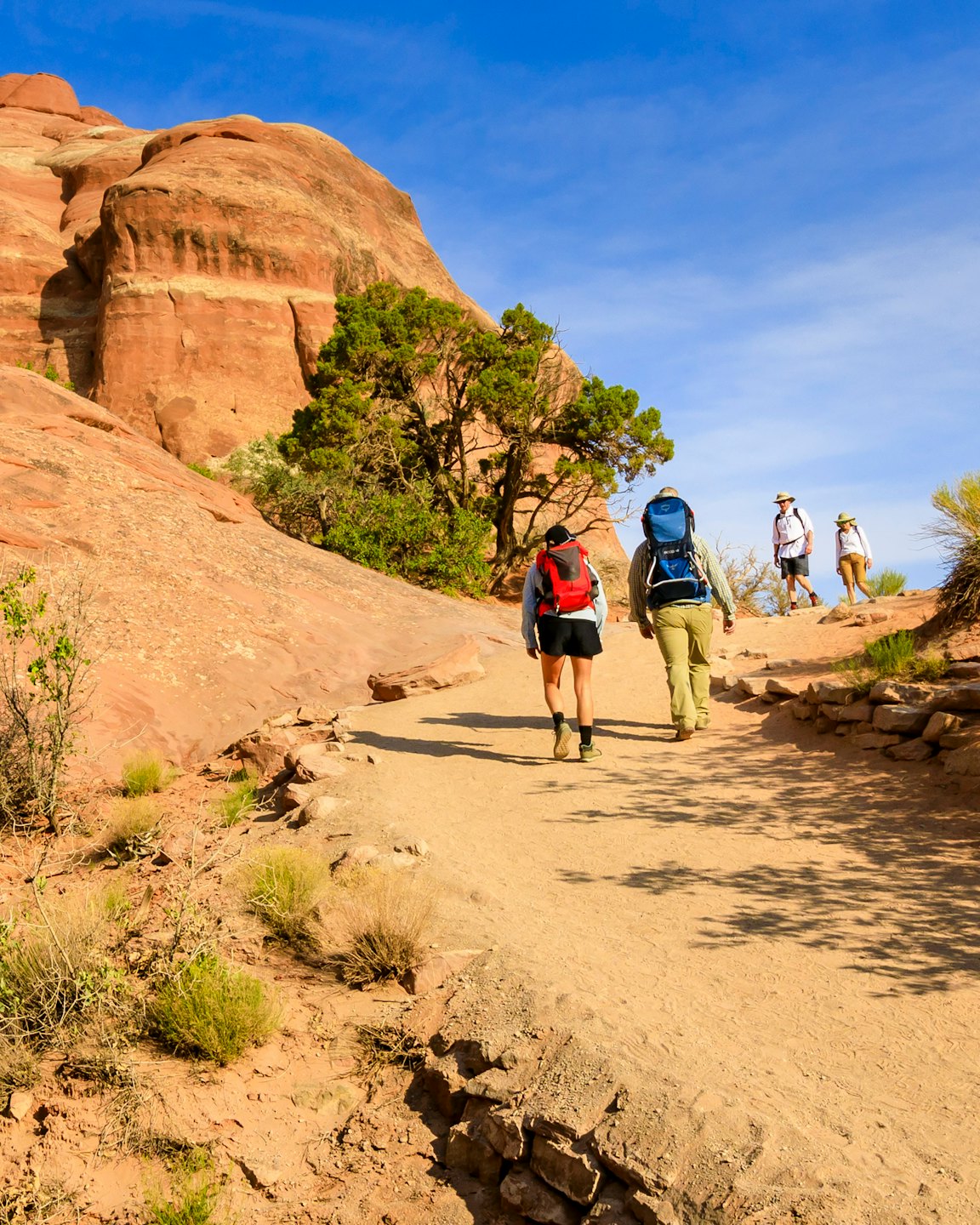 Hikers ascend a desert trail past red rock formations.