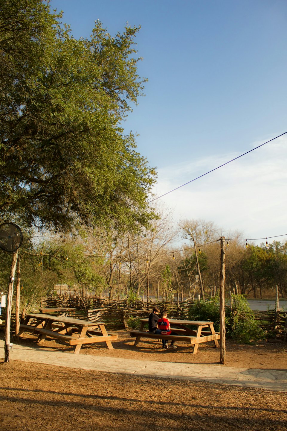 Adult and child at a picnic table in a park.